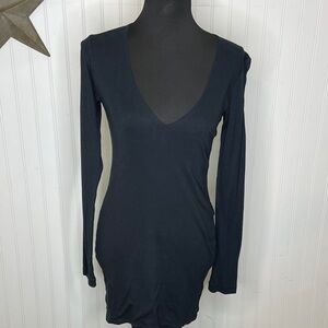 James Perse Elegant Deep V Neck Black Long Sleeve Dress